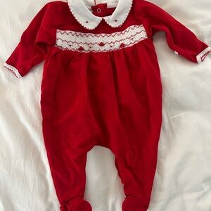 Magnolia Baby Holiday footie with embroidered collar and smocking